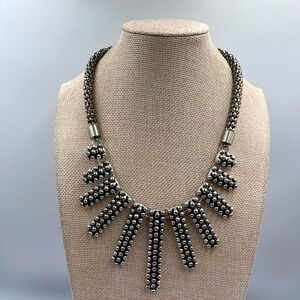 Vintage Chico's Silver Tone Beaded Fringe Statement Necklace Textured Mesh Chain